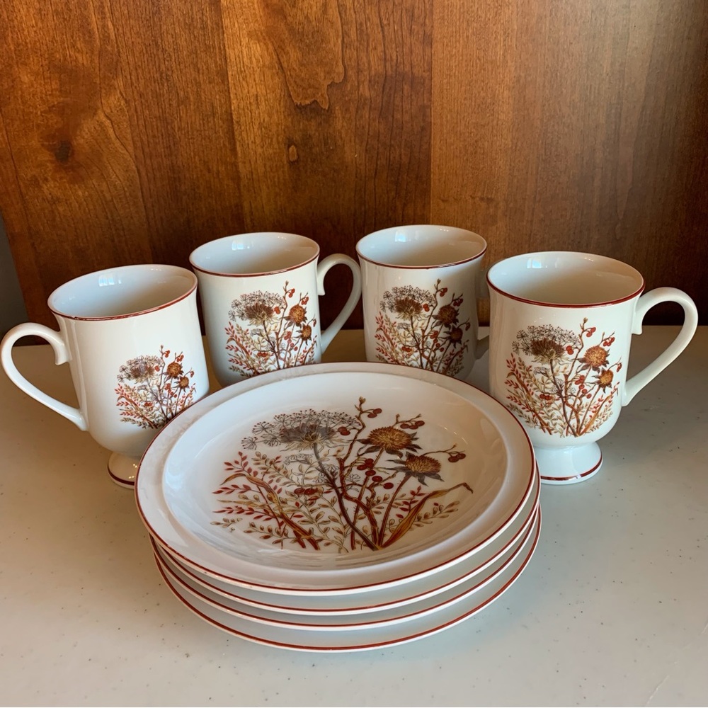 8 Piece Set Bramble Fanci Floral Collection 4 Porcelain Mugs & 4 Dessert Plates